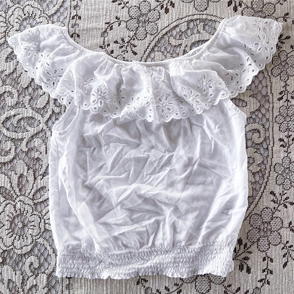 H&M Girls' 13-14Y White Off Shoulder Eyelet Ruffle Top Smocked Stretch Waist